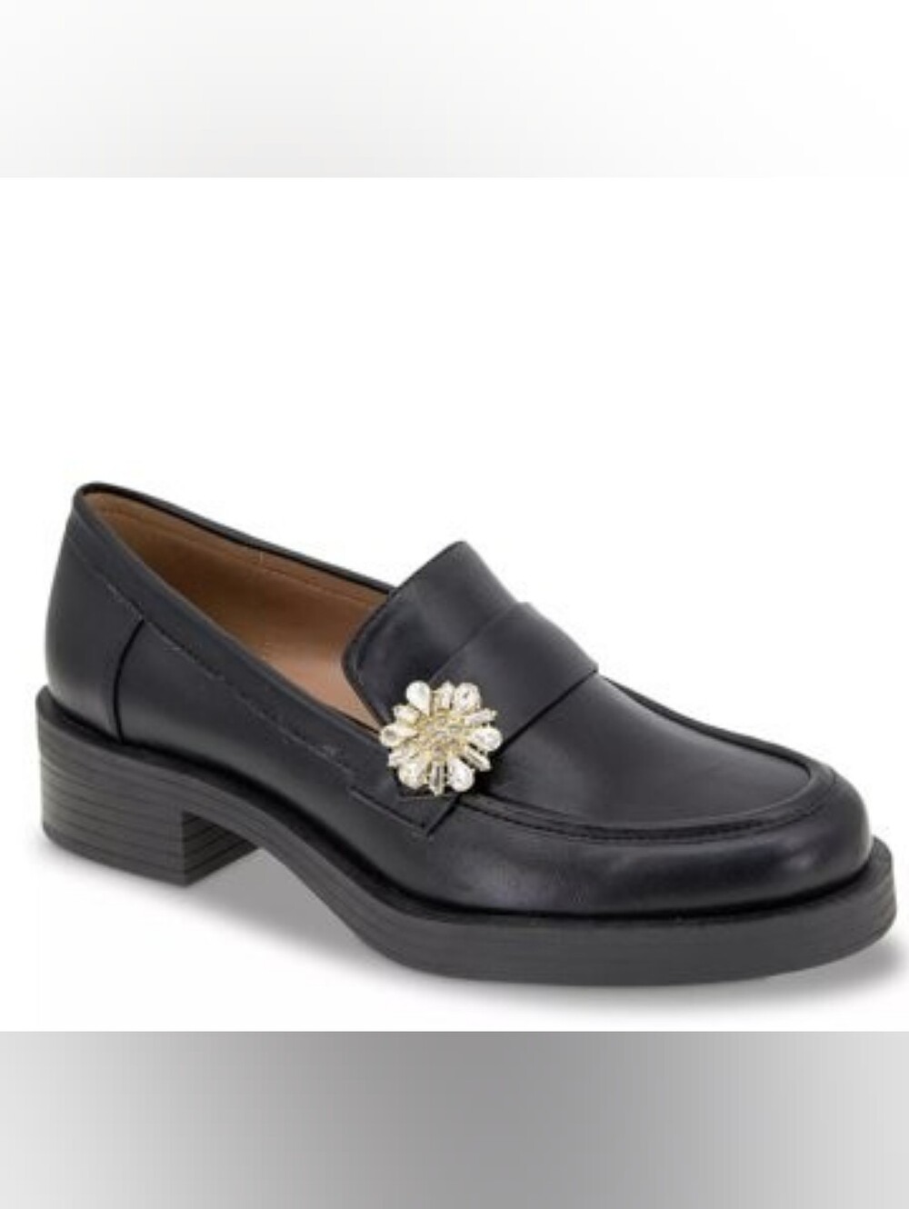 BCBGeneration Black Leather Loafer with Gold Crystal Brooch